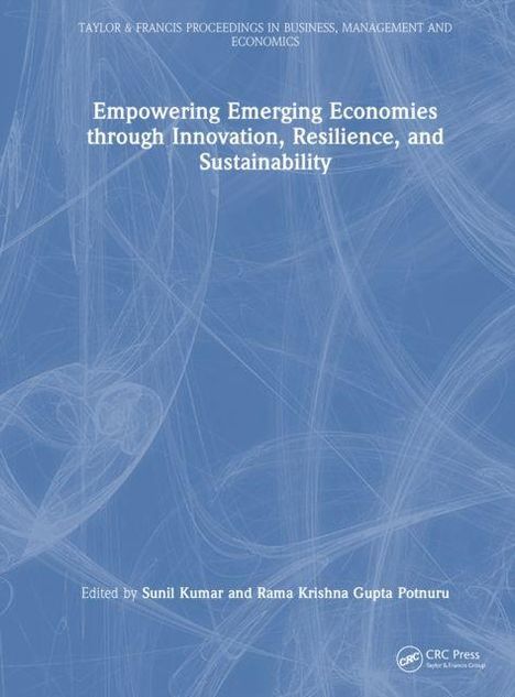 Titel: Empowering Emerging Economies through Innovation, Resilience, and Sustainability. Hintergrund: Blaue abstrakte Muster.