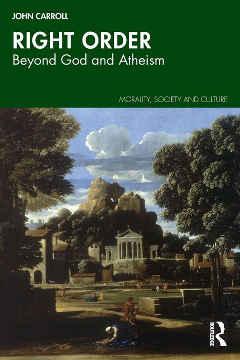 "Right Order: Beyond God and Atheism". Gemälde mit Landschaft, Bäumen, Gebäuden und Bergen unter blauem Himmel.