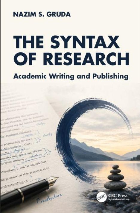 „THE SYNTAX OF RESEARCH“ ist prominent platziert, darunter „Academic Writing and Publishing“. Blauer Pinselstrich, Steinturm.