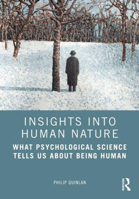 "INSIGHTS INTO HUMAN NATURE. Ein Mann steht im verschneiten Wald. Der Himmel ist blau, die Bäume tragen keine Blätter."