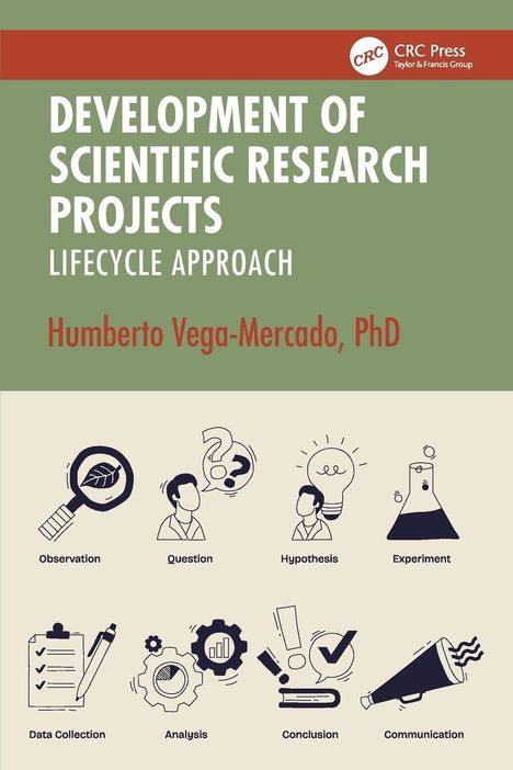 "DEVELOPMENT OF SCIENTIFIC RESEARCH PROJECTS, LIFECYCLE APPROACH, Humberto Vega-Mercado, PhD." Oben Text, unten Icons.