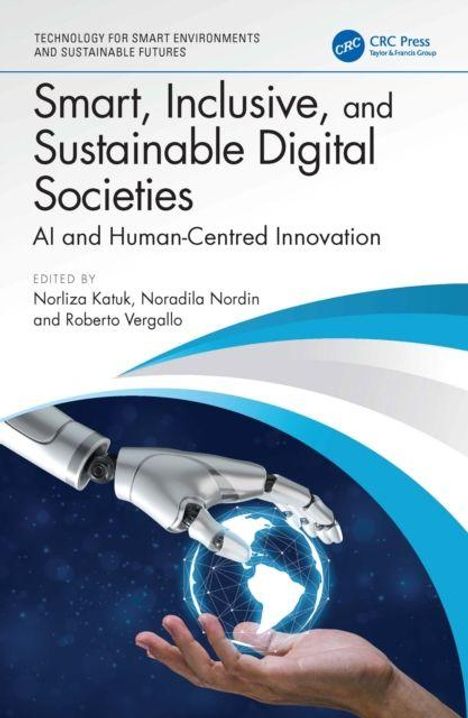 Text: "Smart, Inclusive, and Sustainable Digital Societies: AI and Human-Centred Innovation." Roboterhand berührt menschliche Hand.
