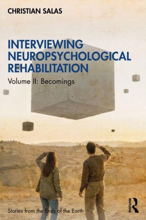 „INTERVIEWING NEUROPSYCHOLOGICAL REHABILITATION, Volume II: Becomings“. Zwei Personen sehen schwebende Würfel an.