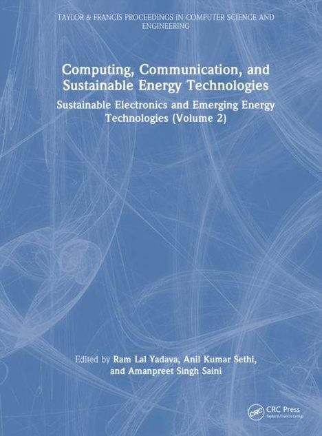 Weißer Text auf blauem Hintergrund: Titel über nachhaltige Technologien, darunter Herausgeber. Abstraktes Muster.