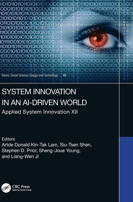 Buchtitel: "SYSTEM INNOVATION IN AN AI-DRIVEN WORLD". Ein rotes Auge im Hintergrund mit binären Zahlen überlagert.