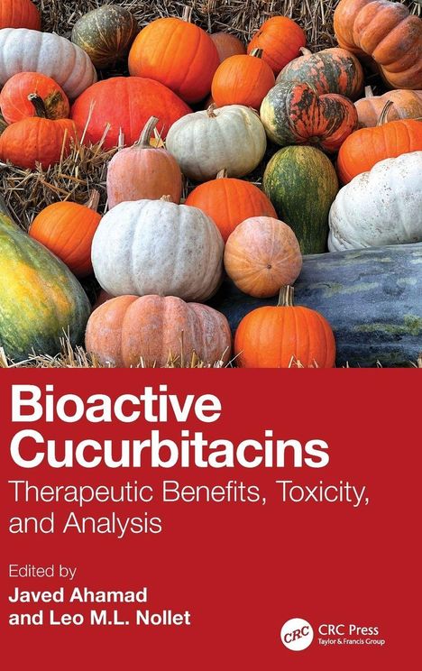 Titel: "Bioactive Cucurbitacins". Kürbisse verschiedener Formen und Farben auf Stroh.