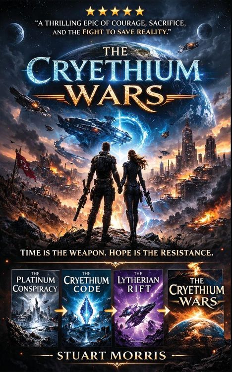 Buchtitel und Text: "The Cryethium Wars", epische Weltraumschlacht, zwei Personen, zerstörte Stadt im Hintergrund.