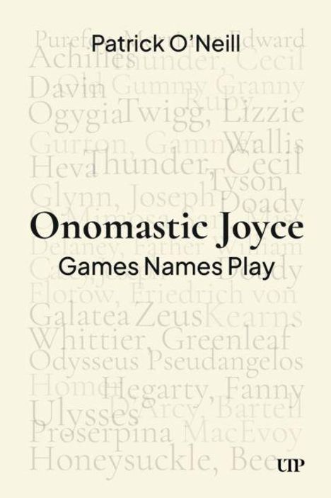 Texte: "Onomastic Joyce", "Games Names Play", "Patrick O'Neill". Beige Hintergrund mit überlagerten Namen in Grau.