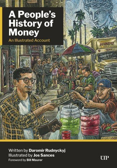 „A People’s History of Money“; Eine Straßenszene mit Menschen, die Essen und Getränke kaufen und verkaufen.