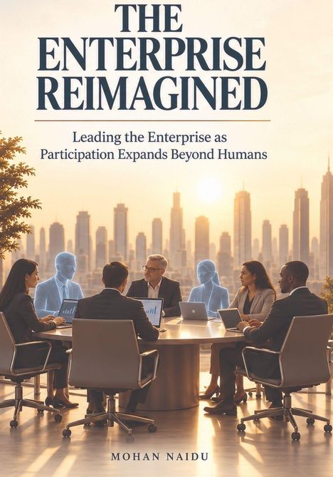 "The Enterprise Reimagined: Leading the Enterprise as Participation Expands Beyond Humans." Personen am Konferenztisch.