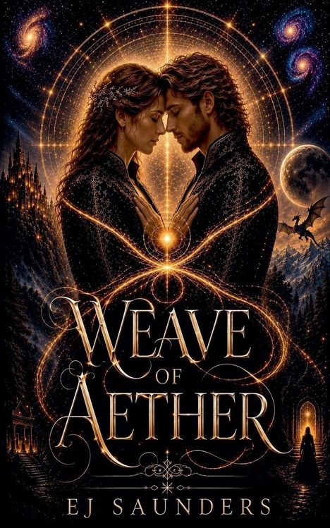 "Weave of Aether" und "EJ Saunders". Eine fantasievolle Illustration eines Paares, umgeben von magischen Elementen und einem Drachen.