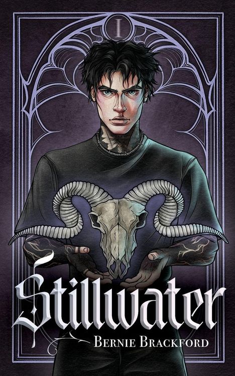 „Stillwater“ und „Bernie Brackford“ in gotischer Schrift. Ein junger Mann mit schwarzem Haar hält einen Widder-Schädel.