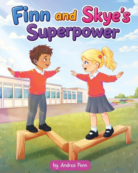 „Finn and Skye's Superpower“ und „by Andrea Penn“. Zwei Kinder balancieren auf Holzbalken auf einem Schulhof.