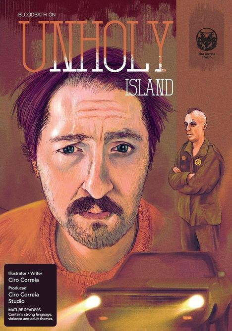 „Bloodbath on Unholy Island“, Illustration von Ciro Correia. Ein ernster Mann im Vordergrund, ein anderer im Hintergrund.