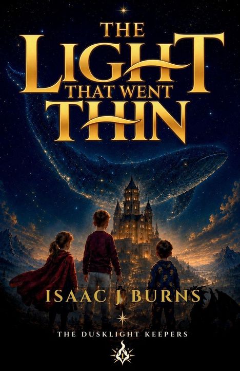 "The Light That Went Thin"; "ISAAC J BURNS"; "THE DUSKLIGHT KEEPERS". Drei Kinder vor einem beleuchteten Schloss.