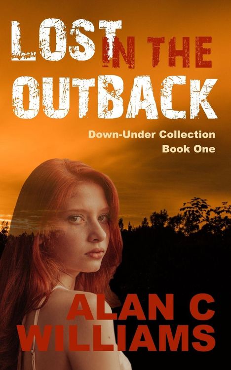 "LOST IN THE OUTBACK" und "Down-Under Collection Book One". Eine Frau mit roten Haaren vor Sonnenuntergang.