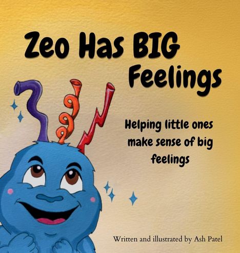 Der Text beschreibt "Zeo Has BIG Feelings" und "Helping little ones make sense of big feelings". Illustration eines blauen Wesens.