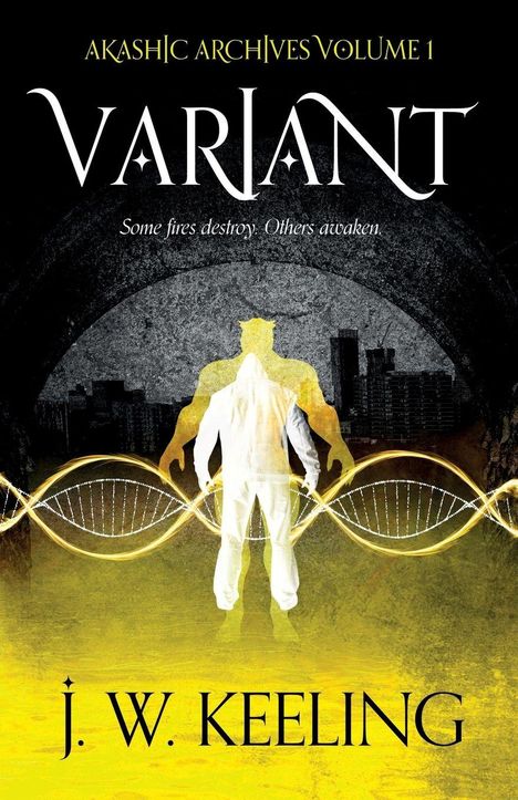 Oben steht "AKASHIC ARCHIVES VOLUME 1", darunter "VARIANT". Ein Mensch vor Stadtkulisse und DNA-Strang, Farben Gelb und Schwarz.