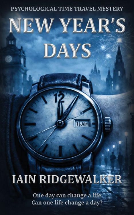 Oben: "PSYCHOLOGICAL TIME TRAVEL MYSTERY", darunter "NEW YEAR'S DAYS". Weiter unten "IAIN RIDGEWALKER". Eine Uhr zeigt 1. Jan.