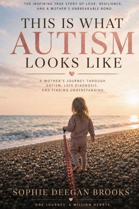 „THIS IS WHAT AUTISM LOOKS LIKE.“ Ein Kind geht mit einem Spielzeug am steinigen Strand entlang, Blick aufs Meer.