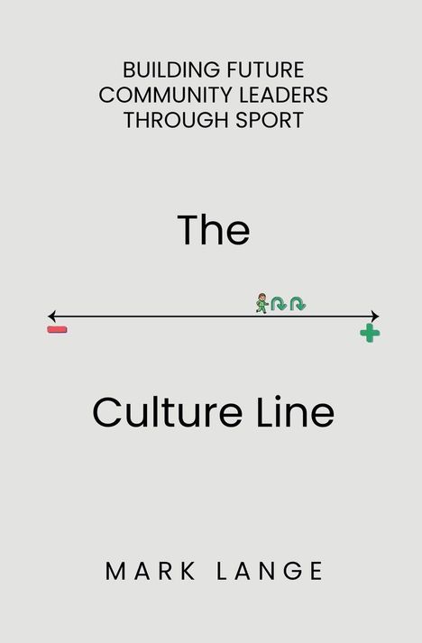 "BUILDING FUTURE COMMUNITY LEADERS THROUGH SPORT. The Culture Line. MARK LANGE."  
Ein Strich mit Figuren und Pfeilen.