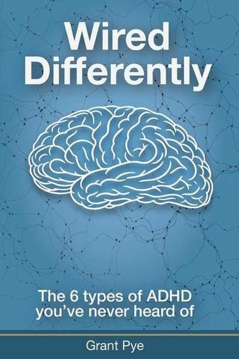 "Wired Differently. The 6 types of ADHD you've never heard of. Grant Pye." Illustration eines Gehirns auf blauem Hintergrund.