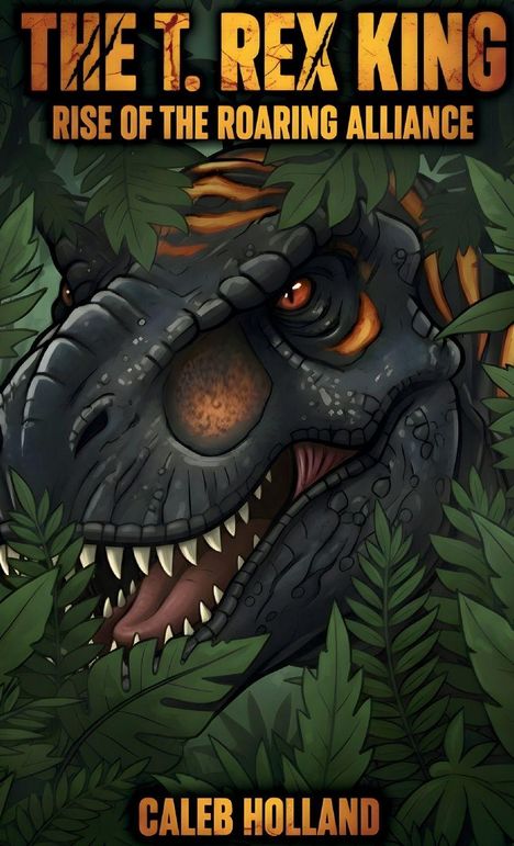"The T. Rex King: Rise of the Roaring Alliance" von Caleb Holland. Illustration eines T. Rex hinter grünen Blättern.
