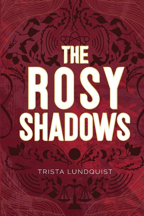 "The Rosy Shadows" von Trista Lundquist. Roter Hintergrund mit floralen Mustern und einer Waage.