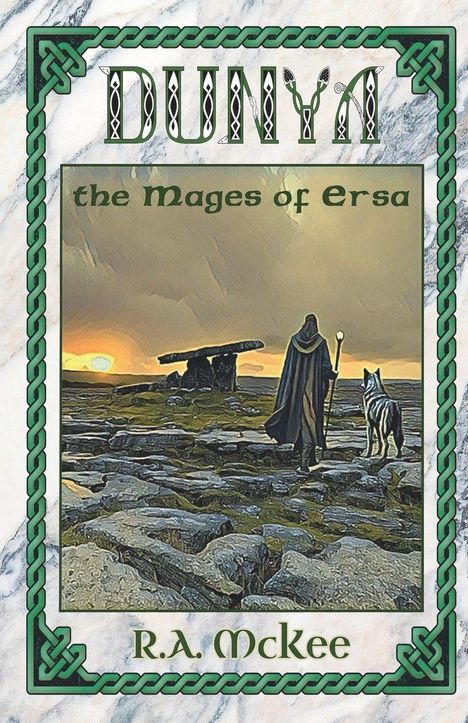 "DUNYA" und "The Mages of Ersa" stehen über einem Mann mit Stab und Hund vor einer Steinformation bei Sonnenuntergang.
