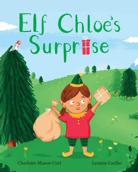 „Elf Chloe's Surprise“. Illustration: Ein Elf in rot-grüner Kleidung trägt Geschenke auf einer Waldwiese.