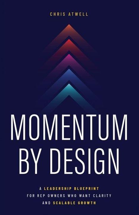 „Momentum by Design“, geschrieben von Chris Atwell. Geometrische Pfeile in Regenbogenfarben zeigen nach oben.