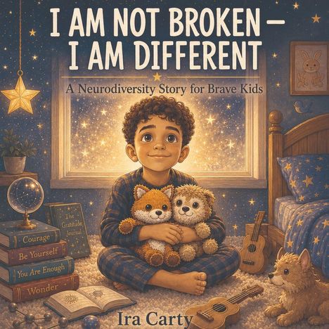 Text: "I AM NOT BROKEN - I AM DIFFERENT. A Neurodiversity Story for Brave Kids. Ira Carty."  
Illustration: Ein Kind hält Plüschtiere.