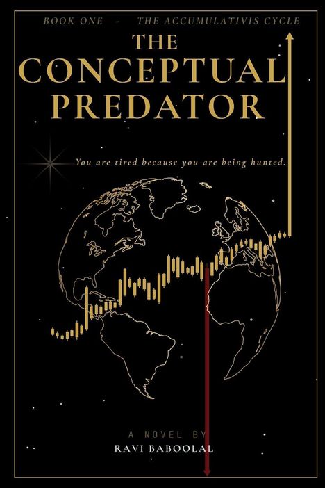 Buchcover mit Titel "The Conceptual Predator", Diagramm einer Weltkarte und Aktienkurve, Pfeil nach oben, dekorative Sterne.