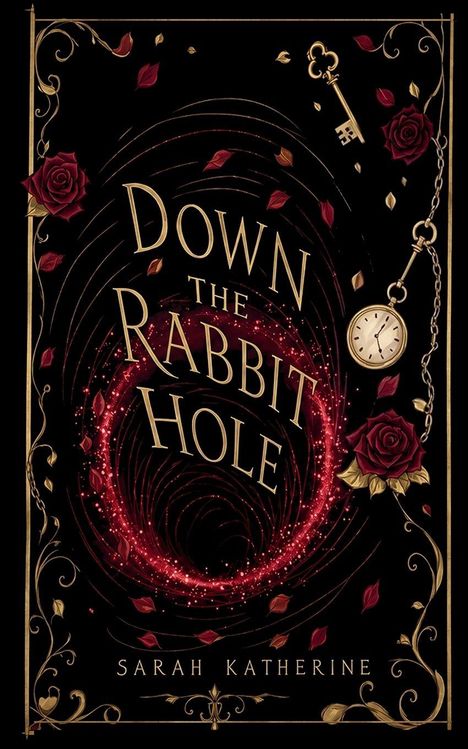 „DOWN THE RABBIT HOLE“ und „SARAH KATHERINE“. Illustration mit Rosen, Schlüssel, Uhr und spiralförmigen Elementen.