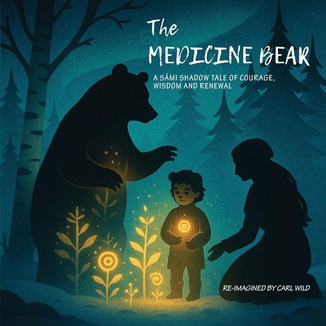 "The Medicine Bear: A Sámi Shadow Tale of Courage, Wisdom and Renewal", zeigt Bär, Kind und Person in mystischem Wald.