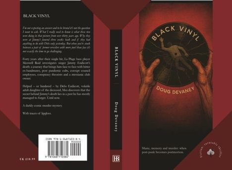 "Black Vinyl" von Doug Devaney. Ein düsterer, komischer Krimi voller Musik, Erinnerungen und Morde. Cover zeigt Hände mit Schallplatte.