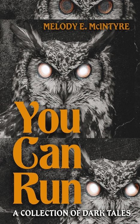 Text: "You Can Run: A Collection of Dark Tales" von Melody E. McIntyre. Illustration einer Eule mit leuchtenden Augen.