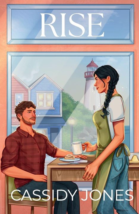 Text: "RISE" und "CASSIDY JONES". Eine Illustration mit einem Mann am Tisch und einer Frau mit Zopf, die ihm Kaffee reicht.