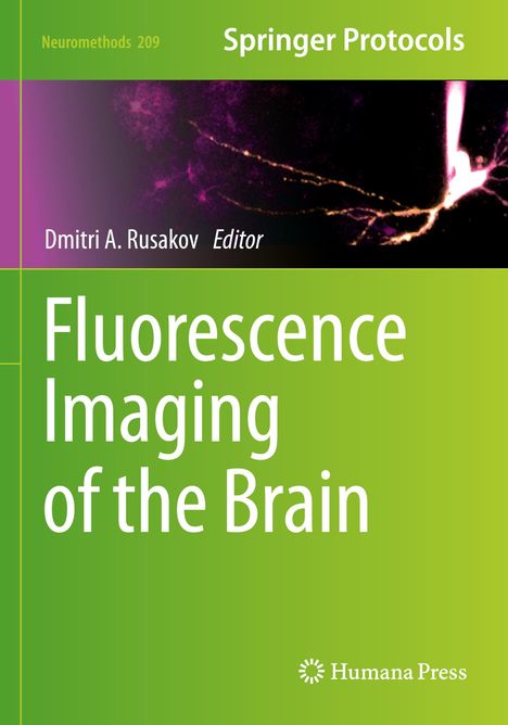 Text: "Fluorescence Imaging of the Brain," "Dmitri A. Rusakov Editor." Grüner Hintergrund, abstraktes, fluoreszierendes Bild oben.