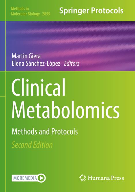 „Clinical Metabolomics“, grüne und violette Farbverlauf-Abdeckung, Aufschrift „Springer Protocols“, Logo von Humana Press.