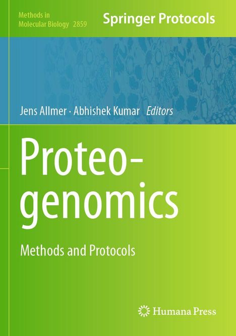 Grüner Hintergrund, Text: "Proteogenomics, Methods and Protocols." Oben: "Springer Protocols".