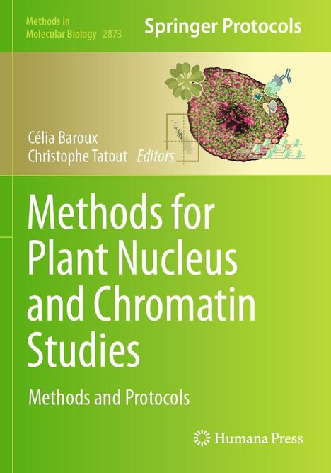 "Methods for Plant Nucleus and Chromatin Studies" auf grünem Hintergrund, oben ein Pflanzenbild, unten Humana Press Logo.