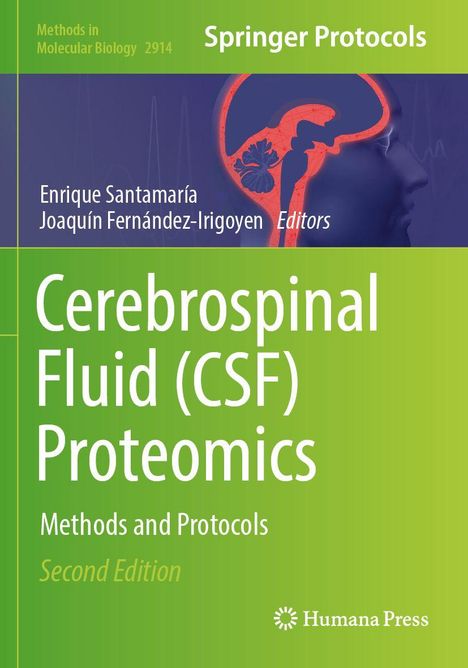Titel: "Cerebrospinal Fluid (CSF) Proteomics". Grüner Hintergrund, blaues Profil mit Hirnillustration.
