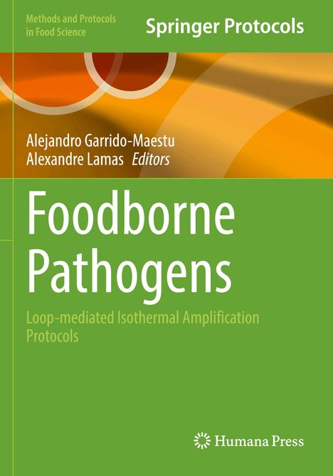 „Foodborne Pathogens“, grün-orange Cover mit weißem Text. Autoren: Alejandro Garrido-Maestu, Alexandre Lamas.