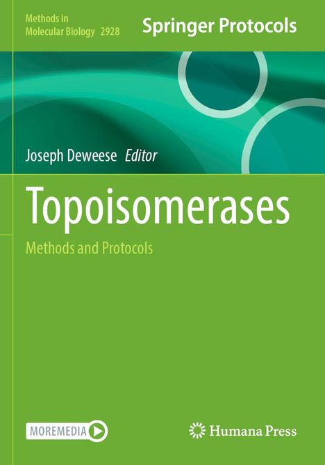 Oben: "Methods in Molecular Biology 2928", rechts: "Springer Protocols", mittig: "Topoisomerases". Grün-blaues Design.
