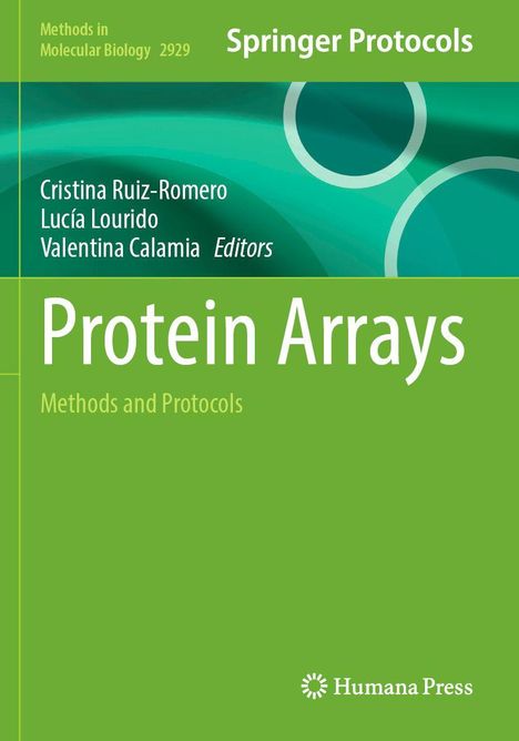 Buchtitel "Protein Arrays: Methods and Protocols", Autoren, grüner Hintergrund mit Kreismuster. Springer-Logo oben.