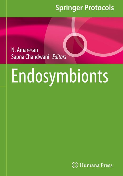 "Endosymbionts" ist groß auf einem grünen Hintergrund geschrieben, darüber "Springer Protocols". Ein pinkes grafisches Element.
