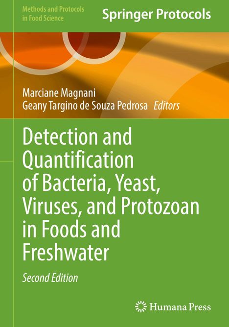 Springer Protocols-Titel in Grün, Thema: Erkennung und Quantifizierung von Mikroorganismen in Lebensmitteln und Süßwasser.