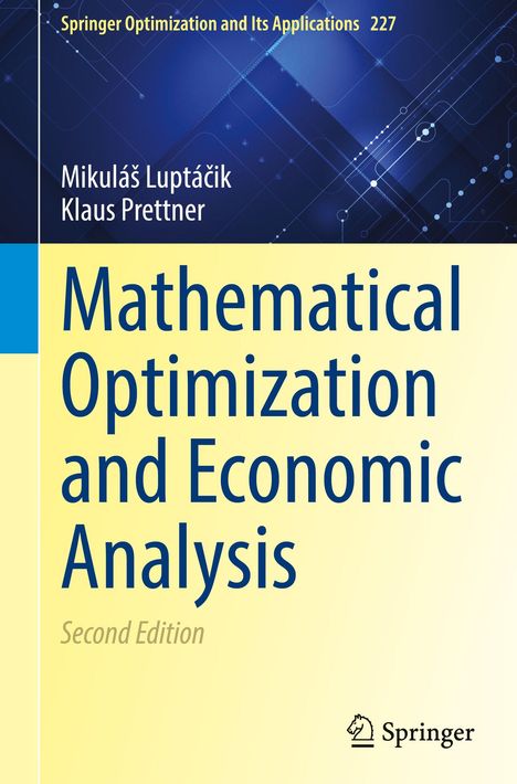 "Mathematical Optimization and Economic Analysis, Second Edition". Blau-gelber Hintergrund mit geometrischen Linien.