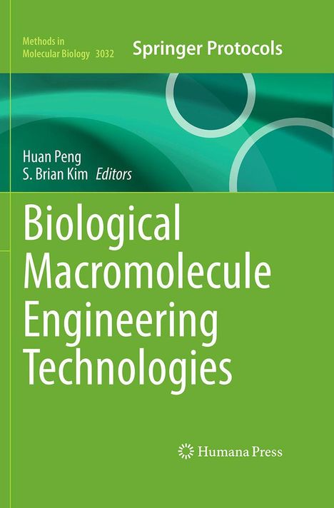"Biological Macromolecule Engineering Technologies." Grüne Hintergrundgestaltung mit Kreismustern und Humana Press Logo.